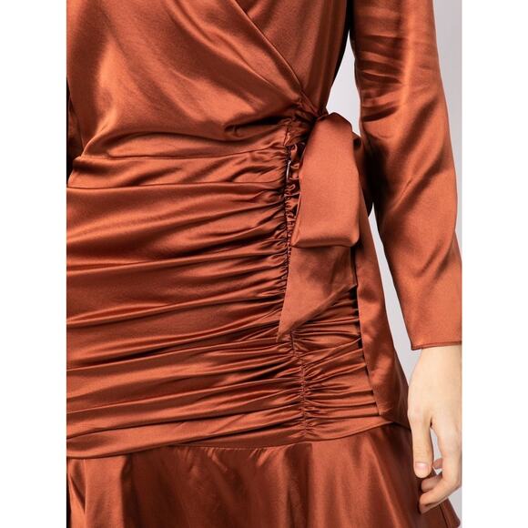 NWT Veronica Beard Agatha Wrap Dress in Cognac Size 2 Brown Silky Satin Ruched - Picture 4 of 16